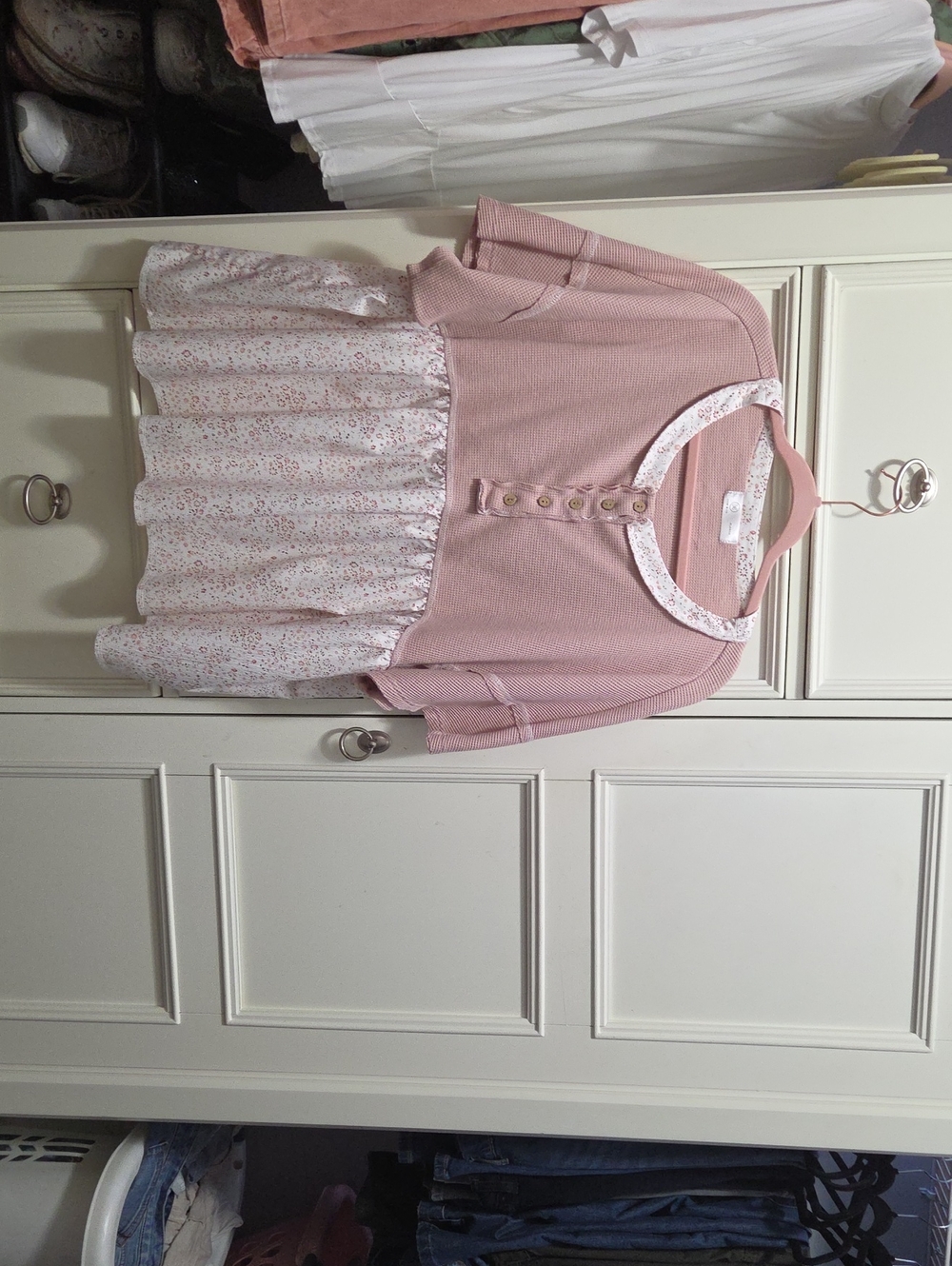 Girls Dusty Pink Short-Sleeve Henley Top with Floral Ruffle